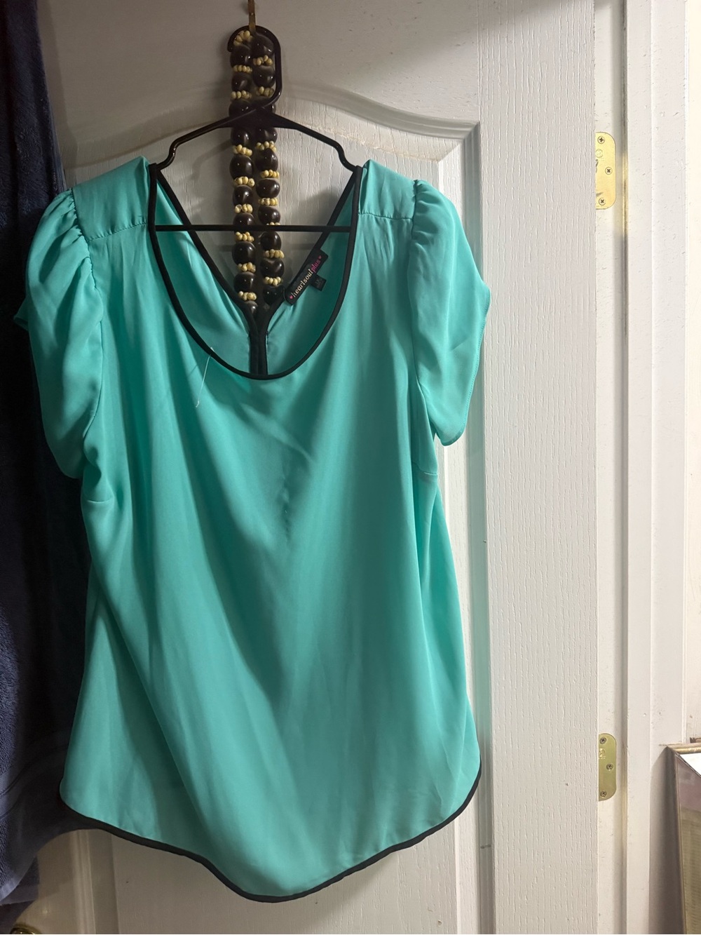 HeartSoul Teal Short Sleeve Blouse with Black Trim